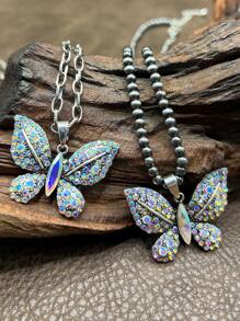 1 Set Vintage Western/Country Style Beaded CCB/Chain/Butterfly Pendant Necklace & Butterfly Drop Earrings, Suitable For Women/Girls To Accessorize Casual Outfits, Parties, Jewelry Gift For Family/Friends/Yourself