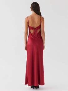Women Y2k Spaghetti Strap Maxi Dress V Neck Tie Front Cutout Long Cami Dress Sleeveless Backless Party Wedding Dress - 酒紅色 - 查看 5