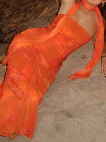 抹胸荷叶边性感渔网印花连衣裙 - 橘色 - 查看 4