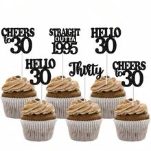 12pcs Happy Birthday Cupcake Toppers, Black Glitter Cake Decoration For 18th, 21st, 30th, 40th, 50th, 60th, 70th Birthday, Anniversary Party Supplies, Available In Black, Gold, Rose Gold