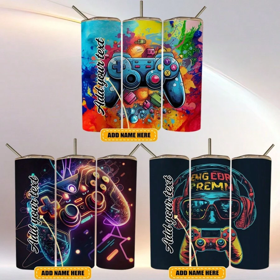 Custom Name 1pc 20oz Add Your Own Text Gamer Themed Stainless Steel Tumbler - Vacuum Insulated Cup With Striking Cartoon Prints