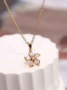 1 Piece Fashion Flower Necklace Shine Zirconia Pendant For Girls Women Gold Color Stainless Steel Chain Jewelry Party Gifts