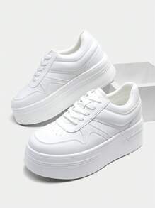 Women's Platform High Heel Fashion Sneakers – Lightweight, Stylish, And Classic Lace-Up Casual Walking Shoes - trắng - Xem 4