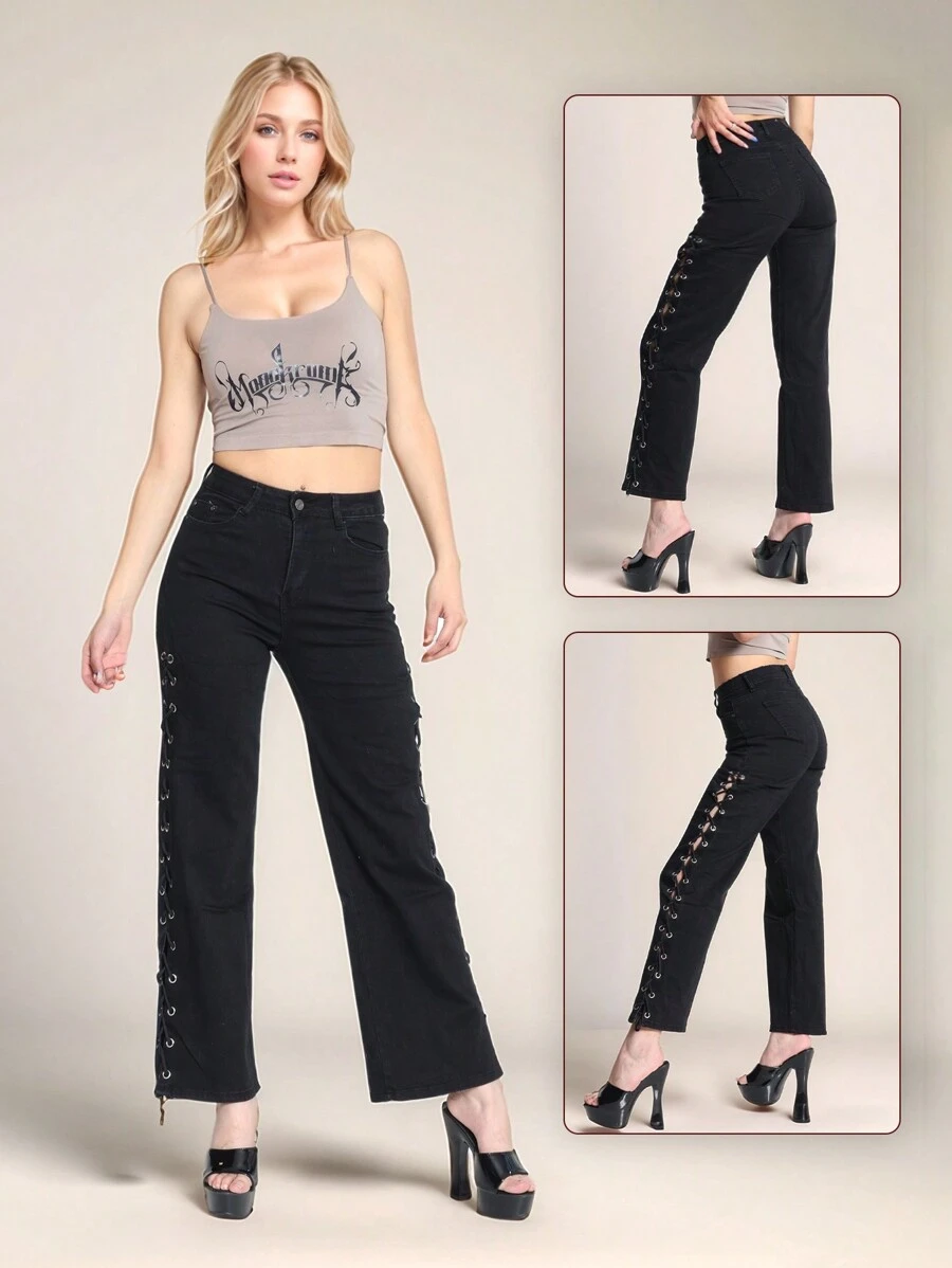 Pantalones de mezclilla estilo moderno, rectos y perneras sueltas, cordones especiales, Pantalones mezclilla rectos, perneras holgadas, cordones laterales - Negro - Ver 1