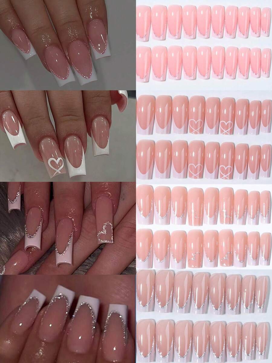 96片（4种不同款式）长棺材形心形美甲贴，白色法式闪粉美甲，按压式美甲贴，简约时尚风格 - 耐用可重复使用假指甲，包含1片果冻胶和1个指甲锉，情人节美甲，适合女性和女孩日常及派对使用美甲用品 - 彩色 - 查看 1