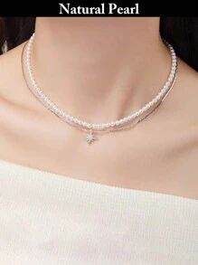 1pc Fashionable Faux Pearl Necklace With Star Pendant, Daily/Holiday Gift, Valentine's Day - Beige - View 1