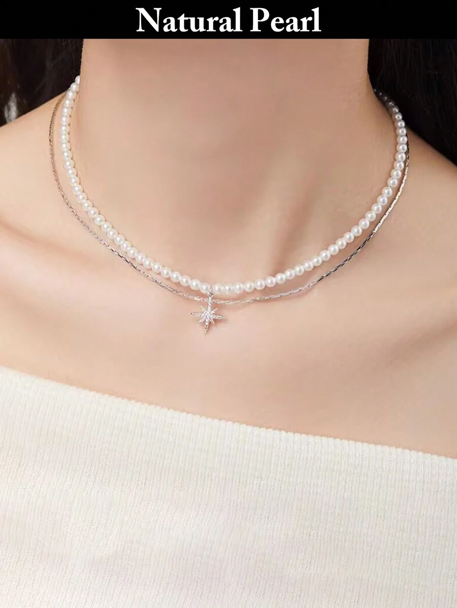 1pc Fashionable Faux Pearl Necklace With Star Pendant, Daily/Holiday Gift, Valentine's Day - Beige - View 1