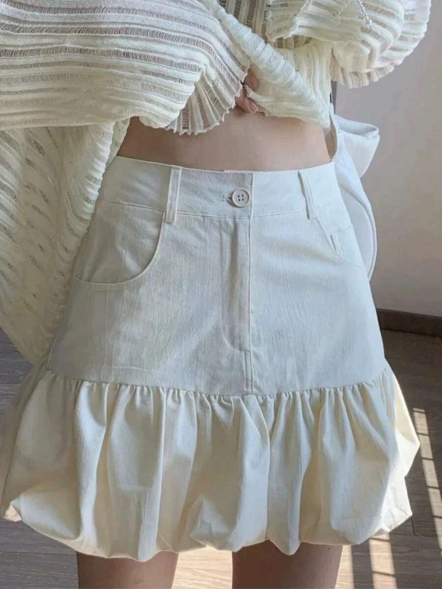 YEAE | Chân váy chữ A xếp ly cạp cao màu xanh cổ điển YKK - Màu be - Xem 1