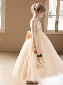 少女香槟色长款舞会礼服，配大蝴蝶结、薄纱舞会礼服 - 香檳色 - 查看 6