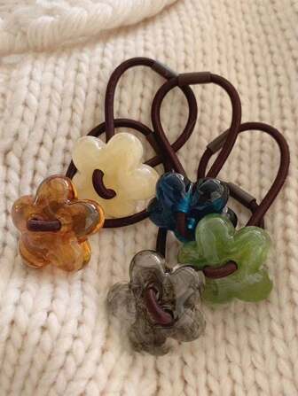 5pcs Women Simple Jelly-Color Small Flower Hair Ties, Minimalist Design, Solid Color, Suitable For Daily Wear, Party, Commute, Vacation, Makeup And Outfit Accessory,Beach Outfit,Beach Hair Floral Accessories,Beach Vacation Ponytail Holders Hair Elastics Hair Rubber Bands Scrunchies Hair Rope Elastic Hair Tie, Hair Bobbles