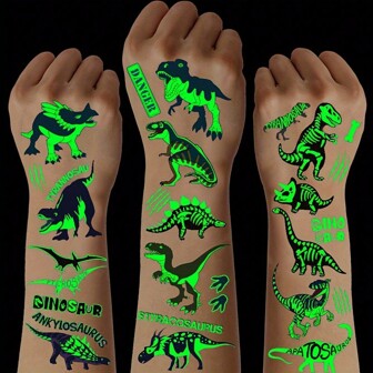 10 Glowing Dinosaur Temporary Tattoo Stickers, Waterproof Glow-In-The-Dark Tynosaurus Pterosaur Velociraptor Triceratops Stegosaurus Design Pattern, Rectangular Shape Suitable For Dinosaur Birthday Party Supplies, Christmas Gift Stocking Stuffing, Gift Bag Ornaments, Christmas Eve Gifts-1pc