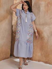 Arabic Style Women Elegant Long Dress JALABIA 2025, Spring & Summer, Ramadan - Baby Blue - View 10