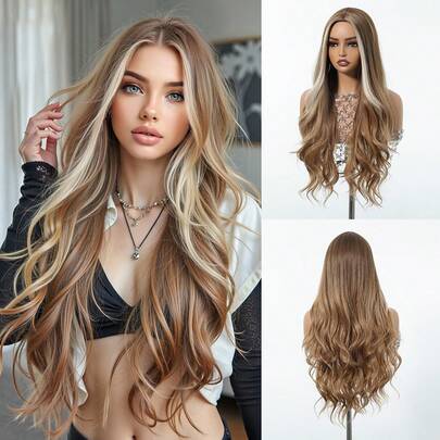 62 cm lång, ombrebrun, vågig syntetisk peruk, mittdel, blont lockigt hår, lämplig för kvinnors vardag, fest, cosplay och andra tillfällen. (Var uppmärksam på hur du bär och sköter den. På grund av ljus och vinkel under fotografering kan den faktiska produkten ha små färgskillnader jämfört med bilderna.)
