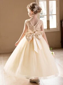 少女香槟色长款舞会礼服，配大蝴蝶结、薄纱舞会礼服 - 香檳色 - 查看 7