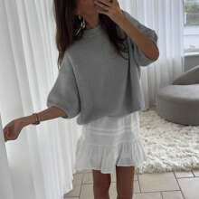 Women's Spring Autumn Knit Sweaters Half Sleeve O Neck Solid Color Casual Knitwear - Dark Grey - View 4