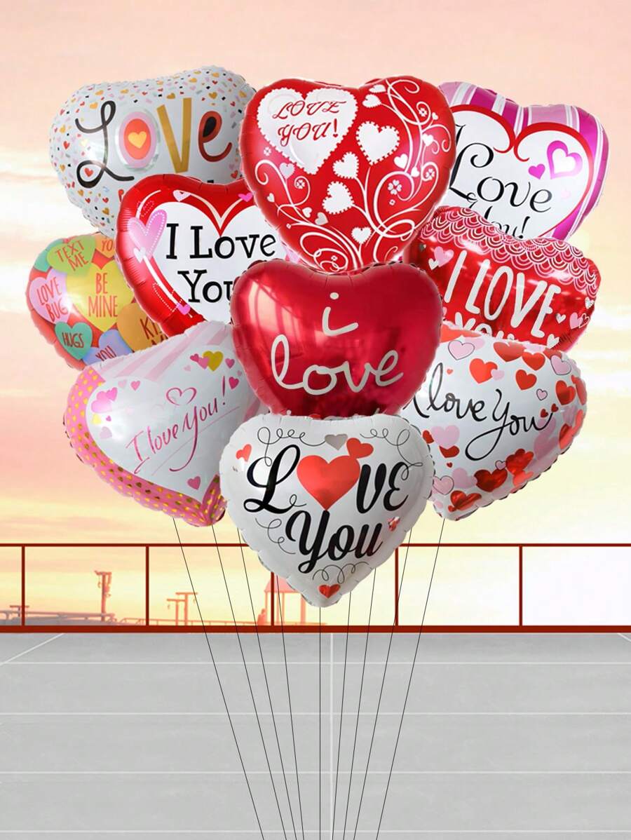 10pcs 18-Inch Heart Shaped Balloons, Valentine's Day "I Love You" Helium Balloons, Wedding Decoration, Valentine's Day Decor, Back To School Season - Multicolor - View 1