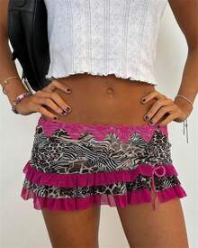 Women Mini Short Skirt Low Waisted Leopard Print Ruffle Lace Edge Fashion Short Skirt - Violet Purple - View 3