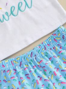 Conjunto de cumpleaños para niña, camiseta de manga corta con cuello redondo y letras de donut, pantalones acampanados y diadema, bonito conjunto de verano. - Azul - Ver 7