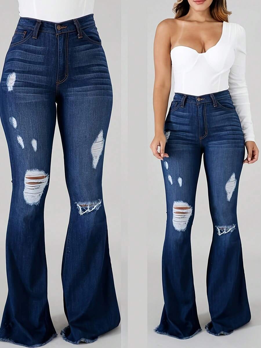 Women's Vintage-Inspired High-Stretch Skinny Jeans - Ripped Detail, Halloween Costumes,Raw Hem, Mid-Rise, Distressed Blue Denim With Slash Pockets, Comfort Fit For All Seasons - Rửa tối - Xem 1