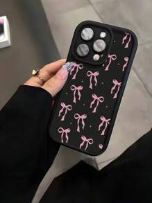 Bow-Knot Cute Bow Painted Simple Groove Design Black Painted Phone Case Compatible With IPhone 16/15/XR/16 Pro Max/7P8P/P12 Pro Max/P13 Pro Max/P14 Pro Max/P13/P14/P11/P12/P14 Women Soft Anti-Fall XS/S/XS Max/78GES2, Fashionable Thick Protective Cover