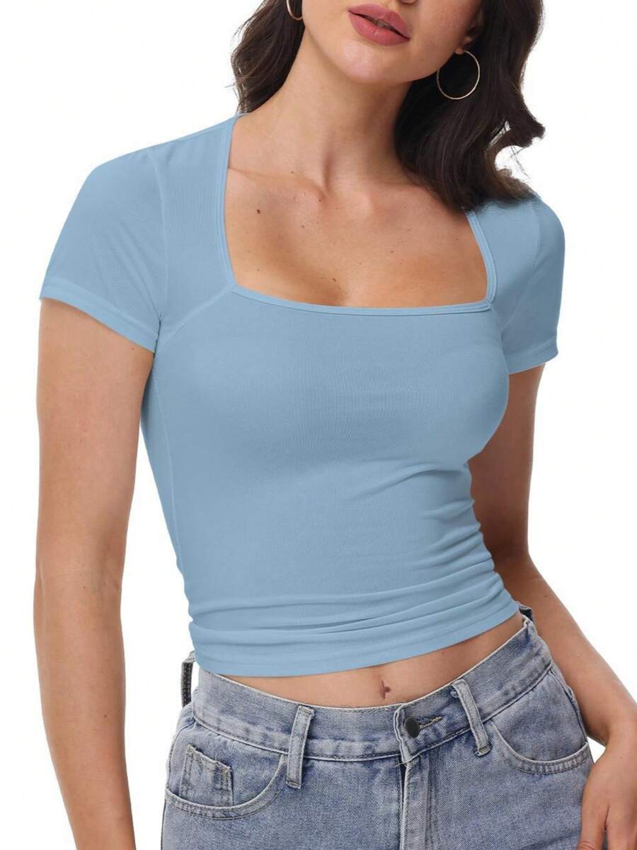 QGEMANWU Women's Square Neck Short Sleeve T Shirts Double Lined Basic Tee Slim Fit Tops