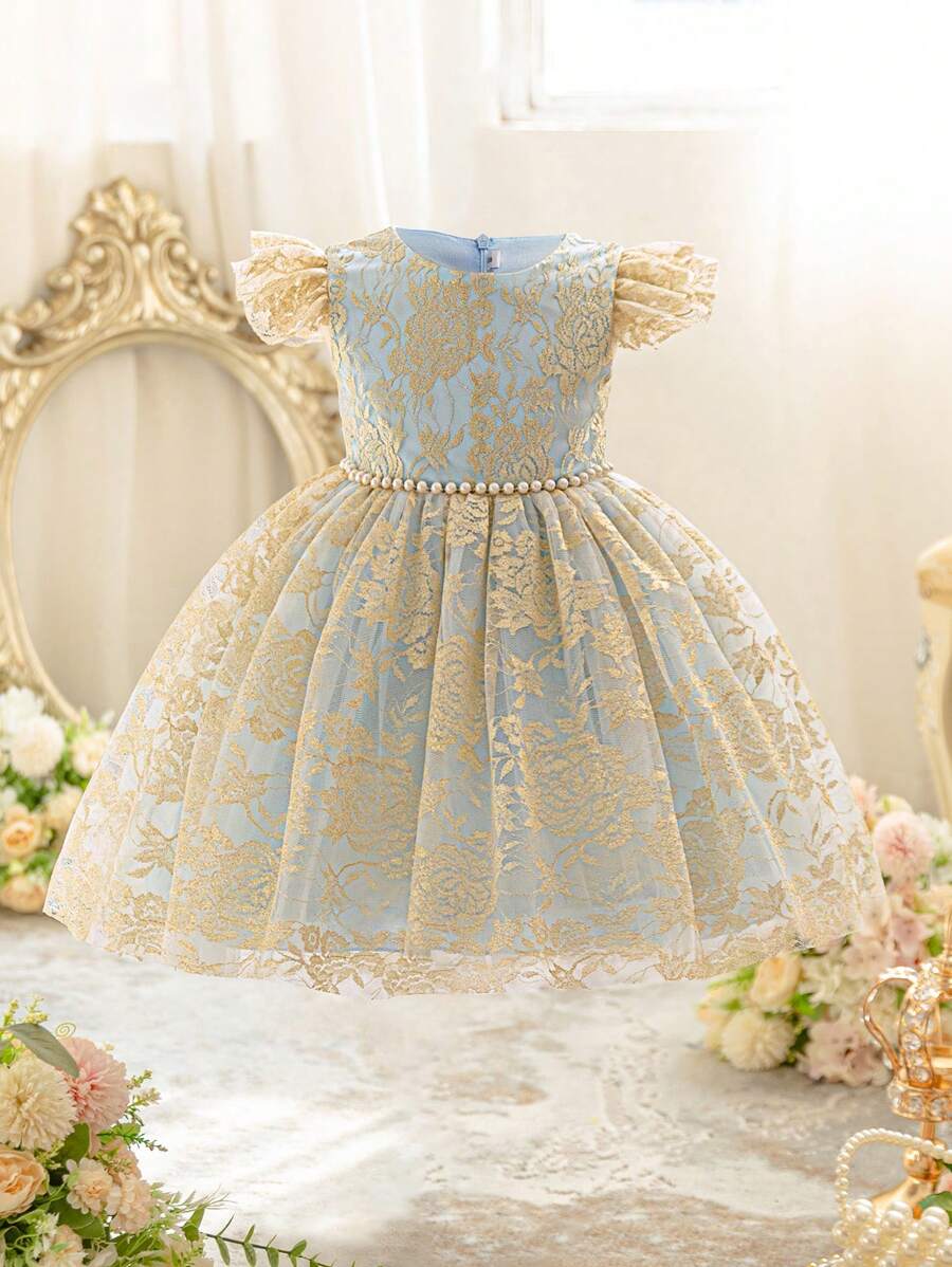 EHOMKIDS 年轻女孩蕾丝叠加撞色网眼盖袖公主裙，及膝派对婚礼花童连衣裙 - 藍色 - 查看 1