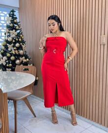 Feminina Vestido longo tomara que caia com cinto Costas elásticas