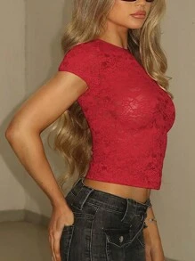 女士夏季透明蕾丝短袖短款 T 恤紧身性感俱乐部上衣 - 紅色 - 查看 1