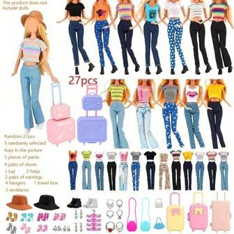 27pcs Random Doll Clothes & Accessories Set, Fit For 11'' Doll, Includes 5 Tops, 5 Pants, 4 Shoes, 1 Hat, 2 Earrings, 4 Hangers, 3 Necklaces, 2 Bags, 1 Travel Bag (Styles & Colors Random), Excluding Doll, Great Gift For Young People, Party Favor Set