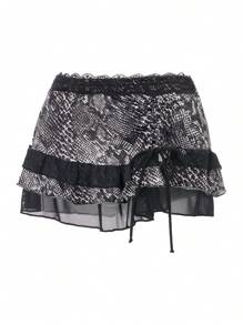 Women Mini Short Skirt Low Waisted Leopard Print Ruffle Lace Edge Fashion Short Skirt - Black - View 10