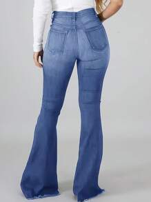 Women's Vintage-Inspired High-Stretch Skinny Jeans - Ripped Detail, Halloween Costumes,Raw Hem, Mid-Rise, Distressed Blue Denim With Slash Pockets, Comfort Fit For All Seasons - 淺色水洗藍 - 查看 2