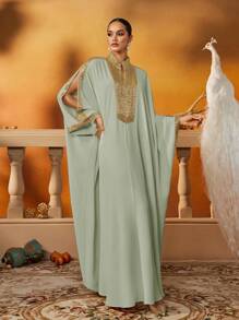 AmazingHoney Elegant Light Green Abaya With Gold Beads Embellished Trim, Luxurious Long Modest Dress For Women, Arabic Dresses (Oversized Fit– Please Check Size Chart), Kaftan - Light Green - View 7