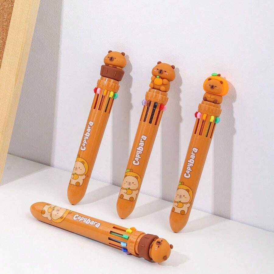 Caneta esferográfica fofa de capivara com 10 cores, caneta criativa multicolorida com botão de pressão para estudantes, cadernos, canetas coloridas, volta às aulas (1 unidade). - Castanho Café - Ver 1