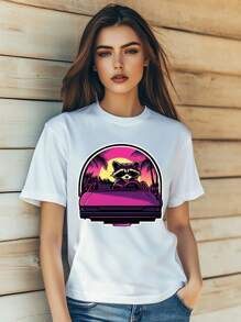 Women's  Raccoon Retro Modern Street Cartoon Cool Print T-Shirt Fashion Short Sleeve Round-Neck Slm Fit Tops Summer Casual Streetwear