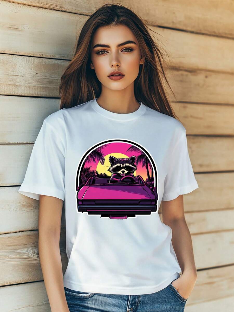 Women's  Raccoon Retro Modern Street Cartoon Cool Print T-Shirt Fashion Short Sleeve Round-Neck Slm Fit Tops Summer Casual Streetwear