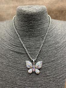 1 Set Vintage Western/Country Style Beaded CCB/Chain/Butterfly Pendant Necklace & Butterfly Drop Earrings, Suitable For Women/Girls To Accessorize Casual Outfits, Parties, Jewelry Gift For Family/Friends/Yourself