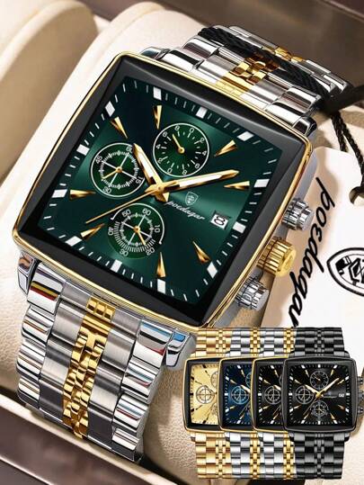 1 pezzo Orologio da polso al quarzo in acciaio inossidabile da uomo, di stile business, impermeabile, con funzione cronografo e data, orologio da uomo di lusso alla moda con scatola, regalo per il papà