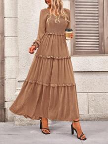 Valentine's Day  Women's Long-Sleeved Floor-Length Dress Casual Square Collar Layered Pleats Flowy Pocket Wedding Guest Dress