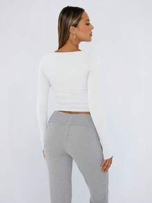 MISIFI Women's Long-Sleeved Ribbed Fitted Casual Top Slim Fit Basic Fashion T-Shirt Shirt - White - View 2
