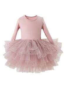 Shiny Long Sleeve Tulle Ballet Skirt For Girls, Solid Powder Pink Color, Children Dance Sportswear