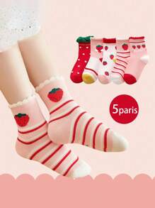 5 双儿童袜子女童宝宝可爱卡通柔软保暖草莓、兔子、时尚秋冬儿童运动袜 S M L XL
