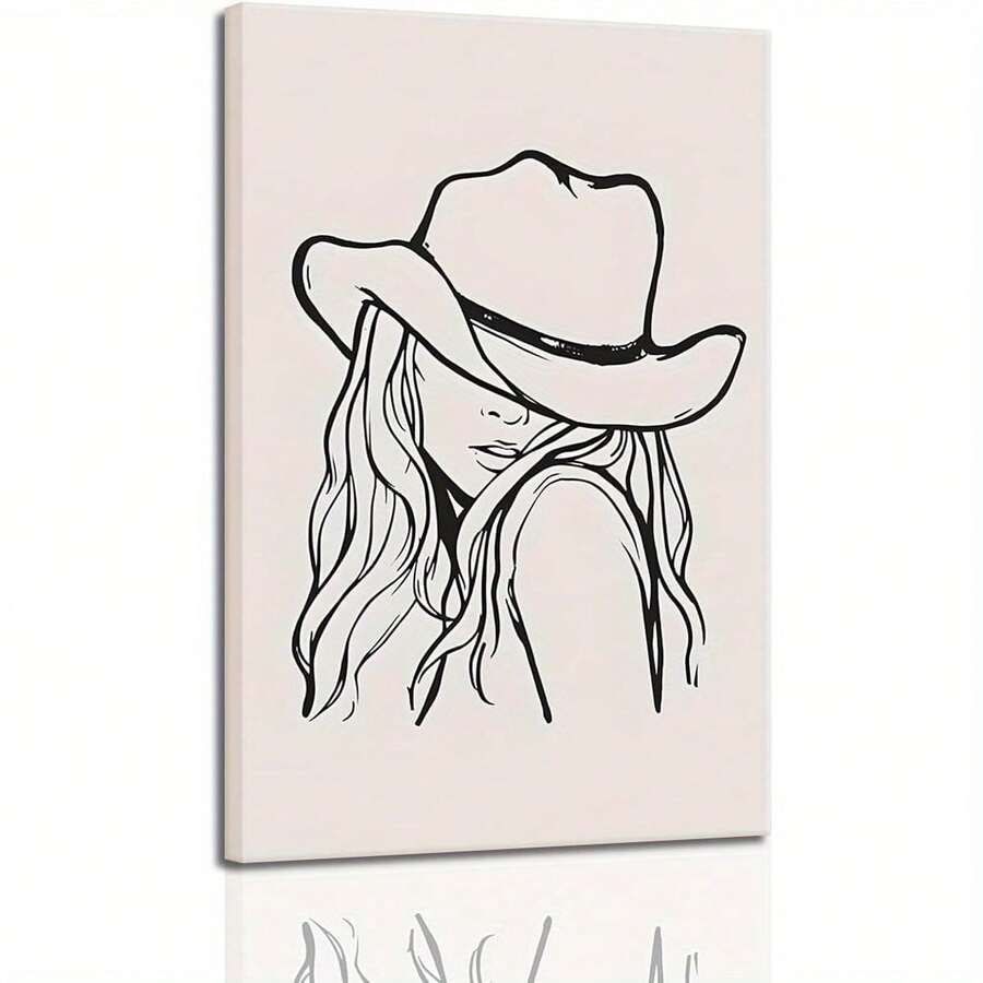 Chic Wtern Cowgirl Black & White Line Art Canvas  VintageInspired Framed Wall Decor, Minimalist Dign With Wooden Frame For Bedroom, Dorm, Apartment, Room Decor, 2D, Perfect For Room Decor - đóng khung - Xem 1