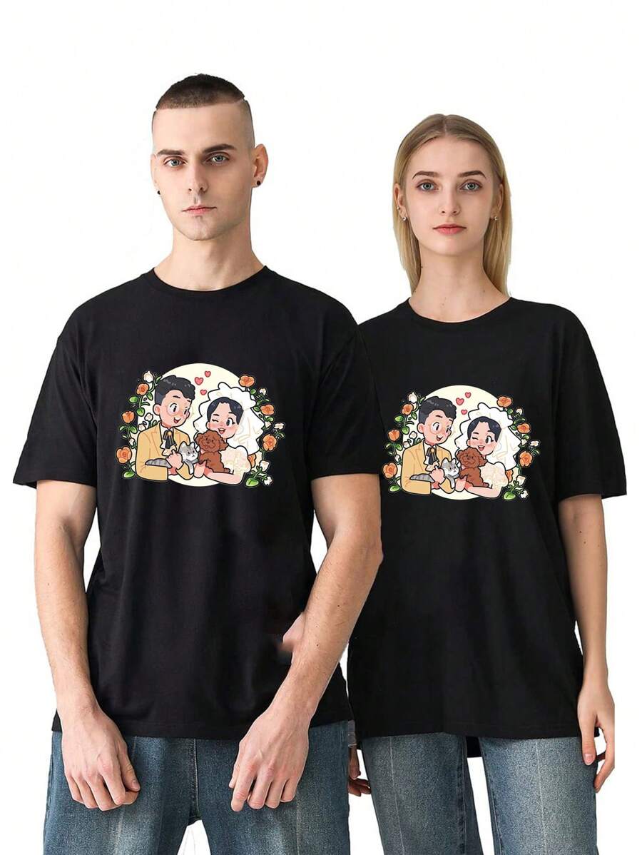 Camiseta Casal Desenho Animado Casamento Estampado Blusas T-shirt Algodao Macio Unissex  Elegante Segunda Peca 50% Desconto - Preto - Visão 1