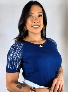 Women's T-Shirt - Basic T-Shirt - Glitter On The Shoulder - Navy Blue - View 1