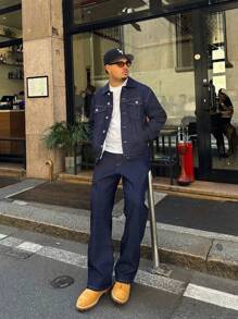 Men's Fashionable Casual Street Style Denim Jacket, Versatile Young Streetwear College Jacket, Fall