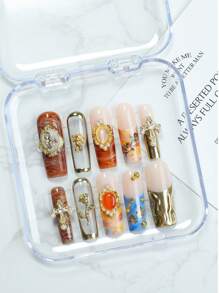 10 Stk. handgefertigte lange, quadratische aufklappbare Nägel im Farbverlauf-Französisch-Stil mit 3D Linienkunst, goldene Blumen, Kreuze, Engel, luxuriöser Stil Kunstnägel für Frauen und Mädchen