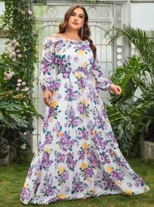 加大花卉印花露肩荷叶边灯笼袖连衣裙 - 白色 - 查看 3