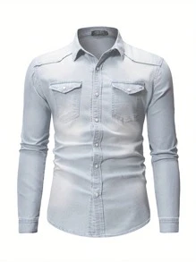 Men's Spring Autumn Casual Shirts Solid Color Long Sleeve Lapel Denim Tops Button Shirts For Party - 淺藍色 - 查看 2