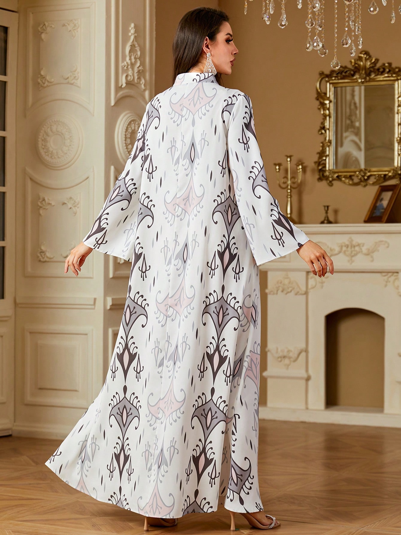 Women's Elegant Floral Print V-Neck Long Casual Arabian Dress, Spring/Summer