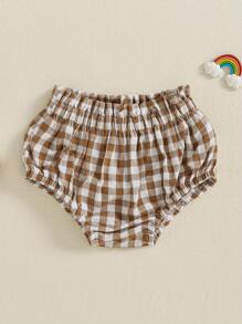 Pantalones cortos a cuadros con volantes y cintura elástica para bebé niña de 3 a 18 meses, pantalones cortos triangulares para verano - Caqui - Ver 1